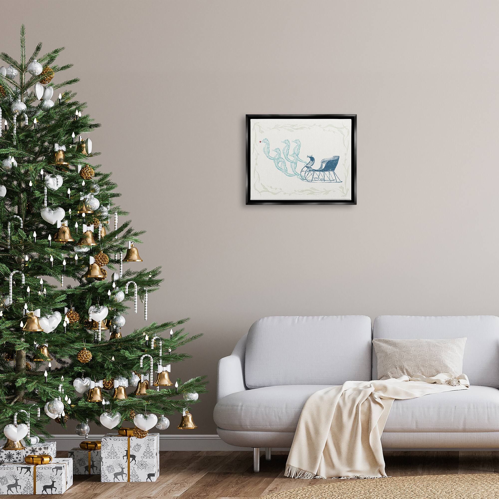 Stupell Industries Seahorse Santa Sled Nautical Christmas Framed Floater Canvas Wall Art